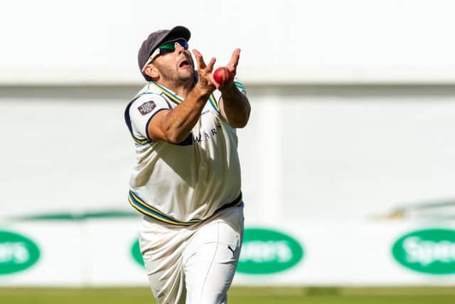 IN AND OUT: Tim Bresnan drops Darren Stevens at Headingley.
 Picture: Bruce Rollinson