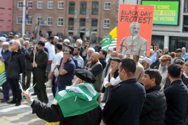 A protest has taken place in Millennium Square, Leeds, over the Kashmir crisis.