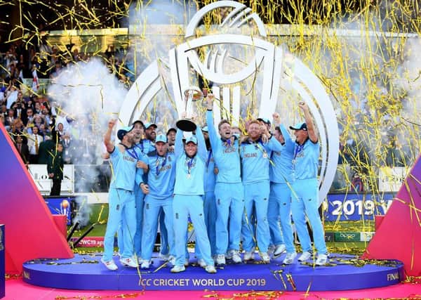 It's ours: England captain Eoin Morgan lifts the World Cup trophy at Lord's. Picture: Clive Mason/Getty Images