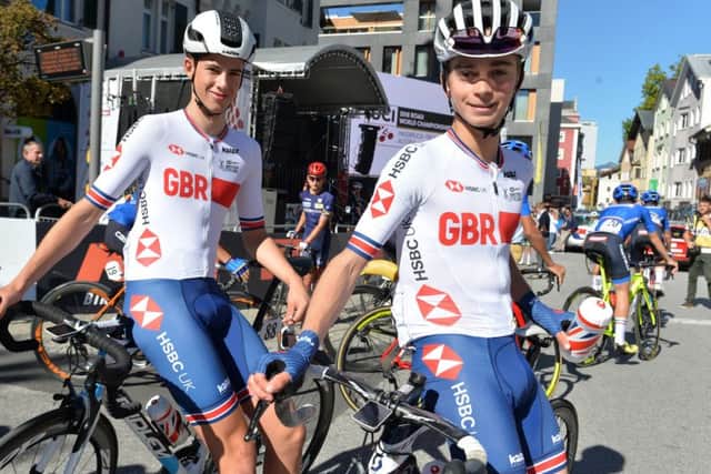 GB's Sam Watson, left, and Mason Hollyman at the start in Kufstein at last year's UCI World Cycling Championships.  Picture: Bruce Rollinson