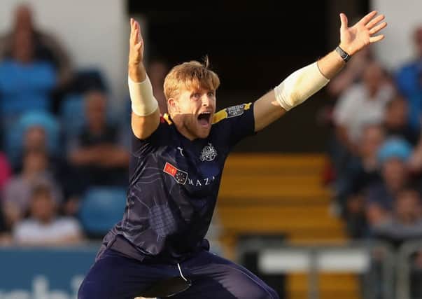 David Willey, of Yorkshire CCC, appeals during a Vitality Blast match with Mazars on the front of the kit.  (Pic by David Rogers/Getty Images)