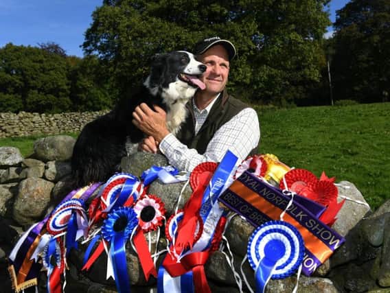 Andrew Fisher from Low Laithe, near Pately Bridge. Pictured with his sheepdog Bess and his impressive haul of rosettes from this year's shows. Picture by Jonathan Gawthorpe.