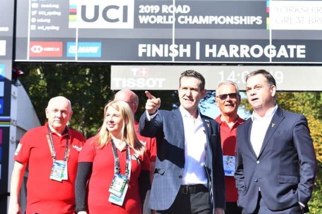 Sports Minister Nigel Adams, right, at the UCI Road World Championships in Harrogate this week.