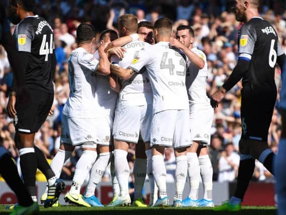 DOMINANT: Leeds United celebrate Max Lowe's own goal but the Whites had to settle for a 1-1 draw. Photo by George Wood/Getty Images.