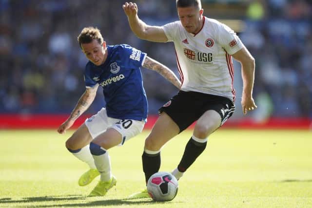 Ambition achieved: Everton product John Lundstram in action for the Blades at Goodison Park.