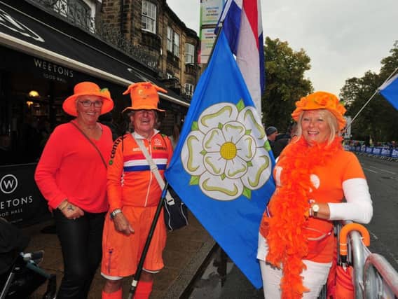 Dutch fans with a Yorkshire flag, from left: Marianne U.Schie, Hermann Pruisken and Martine De Wit. Picture b y Gerard Binks.