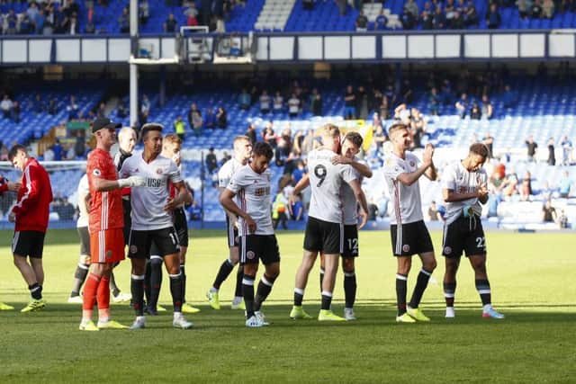 Sheffield United's players celebrate at Goodison Park. Picture: Simon Bellis/Sportimage