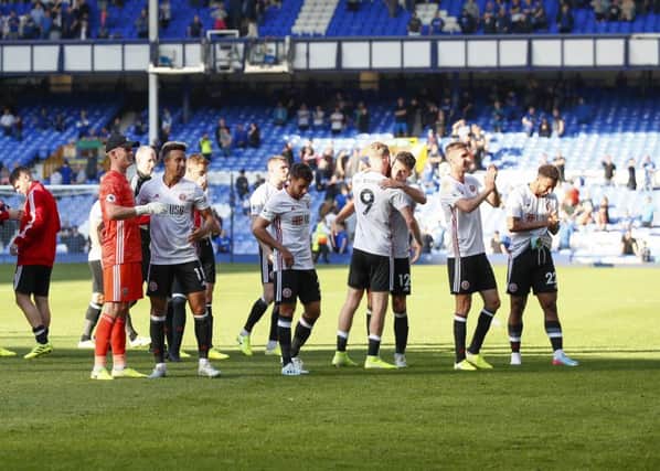 Sheffield United's players celebrate at Goodison Park. Picture: Simon Bellis/Sportimage