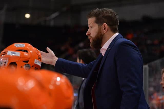 Sheffield Steelers' head coach, Aaron Fox on the bench during Sunday night's defeat to Glasgow Clan. Picture: Dean Woolley.
