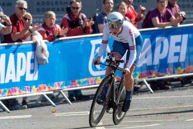 TOP THREE: Great Britain's Elynor Backstedt who won bronze in the Junior Womens Time Trial through Harrogate. 
Picture  Bruce Rollinson