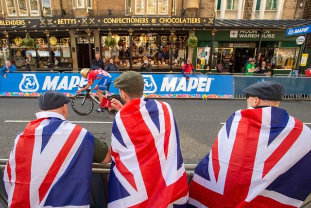 Patriotic spectators in Harrogate during the Junior Mens Time Trial. at the UCI World Championships 2019. (
Picture: Bruce Rollinson)