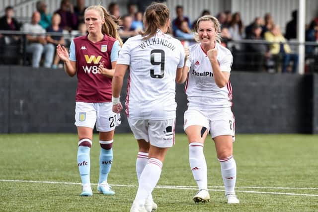 Maddy Cusack of Sheffield Unitedd celebrates Katie Wilkinson's penalty during the The FA Women's Championship game with Aston Villa at Boldmere St. Michaels. (Picture: Harry Marshall/Sportimage)