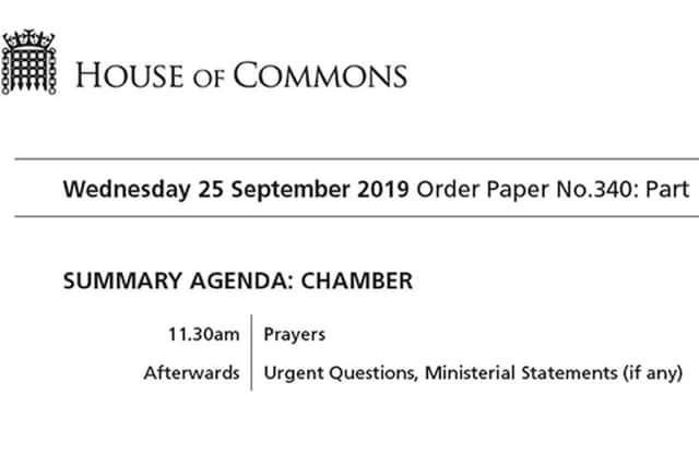 The House of Commons order paper after the resumption of Parliament.