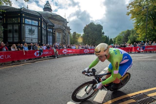 Slovenian rider Jan Tratnik passes the Pump Room in the 
UCI World Championships 2019 Elite Men time- trial. (Picture: Bruce Rollinson)