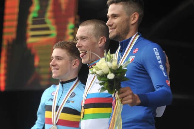 The podium for the UCI 2019 Cycling Road World Championship men's elite time-trial from Northallerton  to Harrogate, winner Australian  Rohan Dennis with Belgian Remco Evenepoel and Italian Filippo Ganna taking the bronze. (Picture: Tony Johnson)
