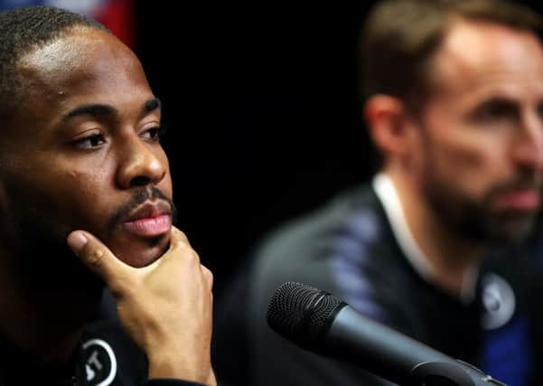 England manager Gareth Southgate (right) and Raheem Sterling during a press conference at Sinobo Stadium, Prague.