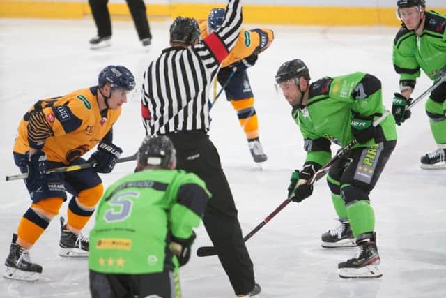 Jason Hewitt faces off during last weekend's 2-1 home defeat to Raiders IHC. Picture courtesy of John Scott.