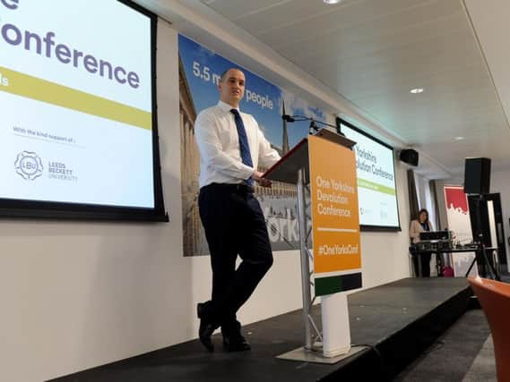 Northern Powerhouse Minister Jake Berry speaking at the One Yorkshire Devolution conference in March. Photo: JPI Media