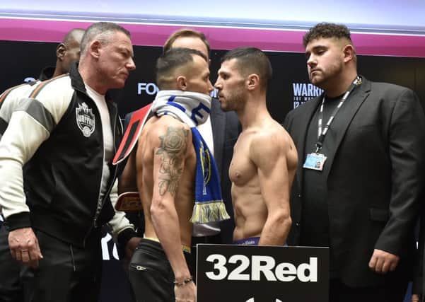 Josh Warrington weighs in at Leeds Corn Exchange for the Sofiane Takoucht fight . Picture: Steve Riding