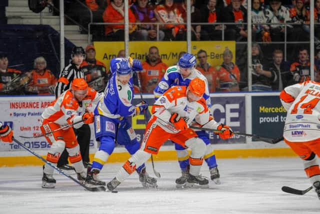 Sheffield Steelers come under pressure against Fife on Saturdya night. Picture courtesy of Fife Flyers/EIHL.