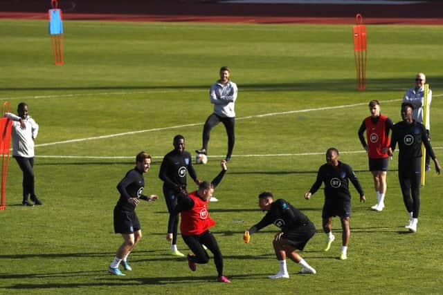 England's players during their training session in Prague, Czech Republic on Sunday afternoon. Picture: AP/Petr David Josek