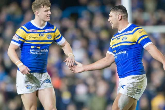 Ash Handley, left, and Ryan Hall in action for Leeds Rhinos last year. Now they could reunite for England Nines. (PIC: Allan McKenzie/SWpix.com)