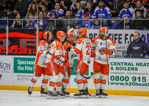 Sheffield Steelers' celebrate one of their 10 goals in their convincing win at Fife Flyers on Saturday night. Picture via Fife Flyers/EIHL.
