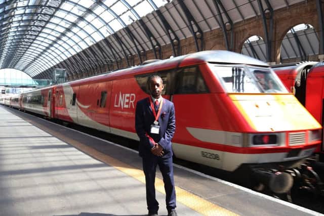 A London North Eastern Railway (LNER) train leaves the platform during the launch event for the new service, which replaces failed rail franchise Virgin Trains East Coast (VTEC), at Kings Cross station in London. Pic: PA