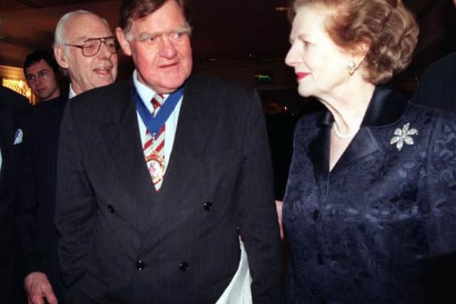 Sir Bernard Ingham President of the TRIC (Television and Radio Industry Club) talks to Sir Denis Thatcher (far right) and Baroness Thatcher during the 1998 Television and Radio Industry Club Awards in London today (Tuesday). Photo by Tony Harris/PA