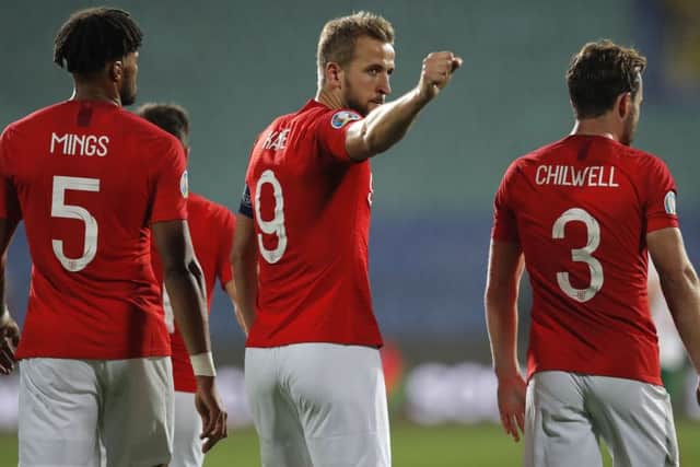 England's Harry Kane, center, celebrates after scoring his side's sixth goal in Sofia. Picture: AP Photo/Vadim Ghirda