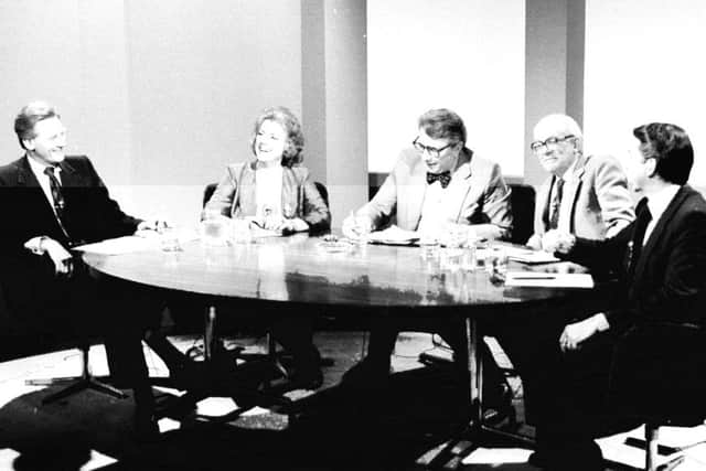 BBC handout file photo dated 1983 of television presenter Sir Robin Day (3rd Left) presenting Question Time with (L-R) Michael Heseltine, Ann Leslie, Michael Foot and David Steel.
