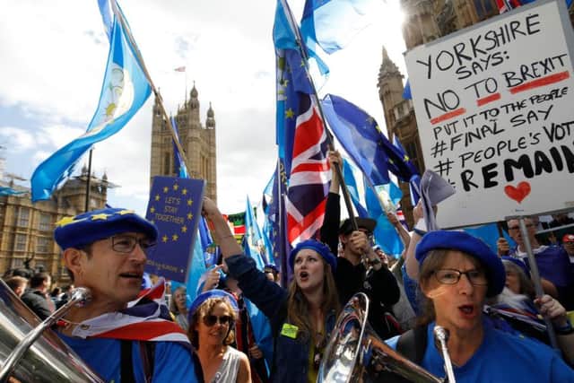 Pro-EU anti-Brexit protesters, including a contingent from Yorkshire, march outside the Houses of Parliament.