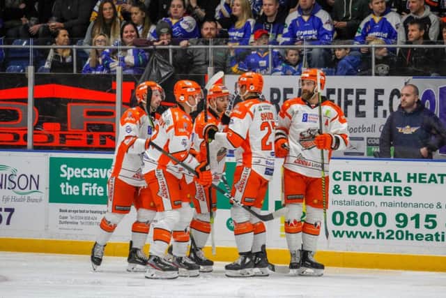 ON SONG: Sheffield Steelers' celebrate a goal during their 10-3 win at Fife Flyers on Saturday night. picture courtesy of Fife Flyers/EIHL.