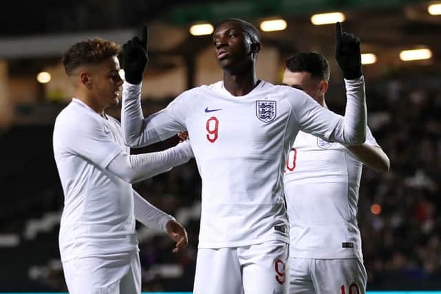 Eddie Nketiah celebrates one of his goals for England Under-21s against Austria. (Picture: PA)