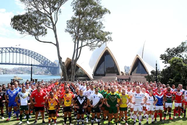 Competing nations pose during the Rugby League World Cup Nines media opportunity at the Royal Botanic Gardens, Sydney. (Photo by Jason McCawley/Getty Images)