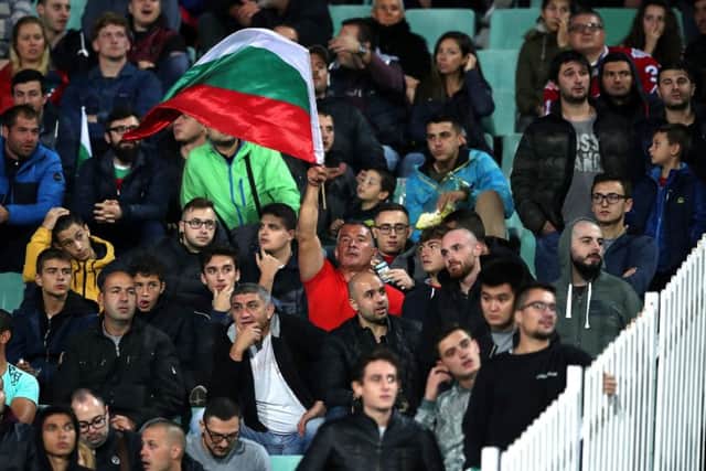 Bulgaria fans gesture in the stands after an announcement over the Tannoy during the UEFA Euro 2020 Qualifying match at the Vasil Levski National Stadium, Sofia, Bulgaria.