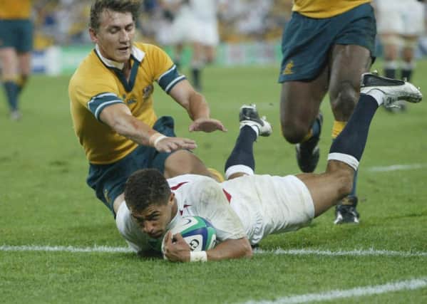 Glory: Jason Robinson scores his try for England against Australia during the Rugby World Cup final at the Telstra Stadium, Sydney in 2003.