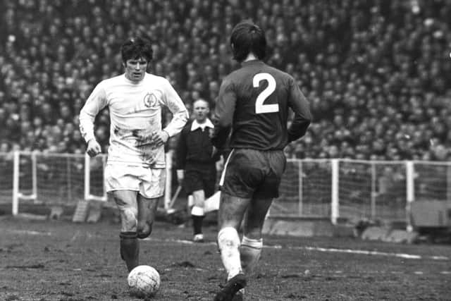 Dave Webb of Chelsea FC is forced to back off as Eddie Gray, the left winger for Leeds FC, runs at him with the ball during the FA Cup final on 1970.  (Picture: Central Press/Getty Images)