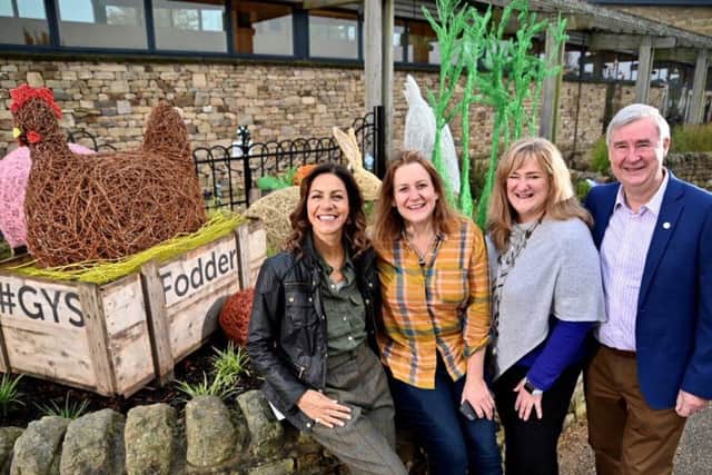 Pictured left to right: Julia Bradbury, sculptor Emma Stothard, the deputy chief executive of Yorkshire Agricultural Society Heather Parry, and Yorkshire vet and Countryside Live guest Peter Wright, at the launch of the new Fodder Garden consisting of Ms Stothard's wire framed sculptors. Picture by Simon Dewhurst.