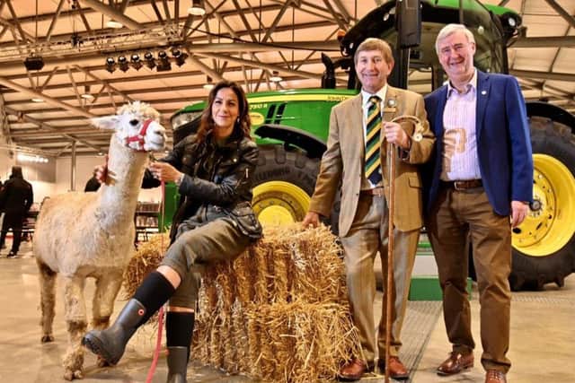 Peter Wright (pictured right) alongside Charles Mills, show director at the Yorkshire Agricultural Society, and TV presenter Julia Bradbury. Picture by Simon Dewhurst.