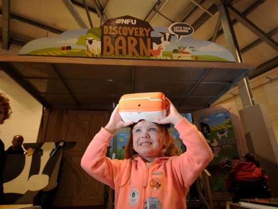 Astarla Jackson, aged four from Harrogate, pictured with the virtual reality head sets at the NFU's Discovery Barn at Countryside Live, Harrogate. Picture by Simon Hulme.