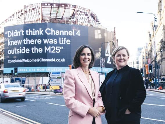 Alex Mahon and Sinead Rocks outside of Channel 4's new home