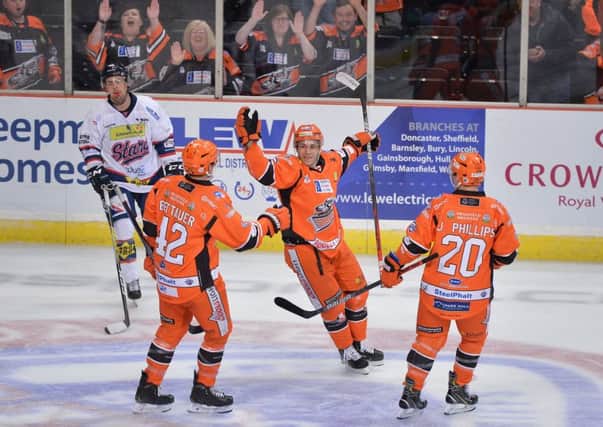 Tanner Eberle celebrates his first-period goal against Dundee Stars at FlyDSA Arena on Sunday. Picture: Dean Woolley.