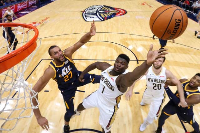 Zion Williamson #1 of the New Orleans Pelicans shoots against Rudy Gobert #27 of the Utah Jazz during the second half of a pre-season game earlier this month. (Picture: Jonathan Bachman/Getty Images)