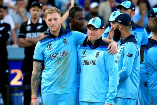 England's Ben Stokes (left) and Eoin Morgan celebrate their win after the match  during the ICC World Cup Final at Lord's.