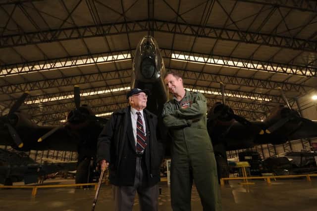 Halifax Bomber 80th Anniversary, at the Yorksihire Air Museum, Flt Lt George Dunn aged 97 pictured with Flt Lt Daniel Whatmough .24th October 2019.Picture by Simon Hulme.