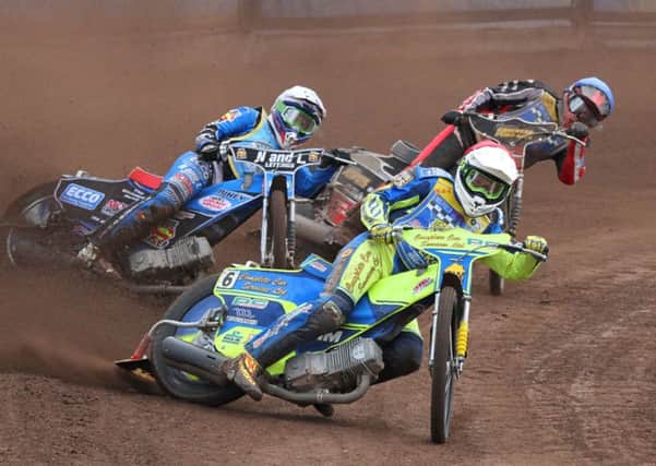 LEADING LIGHT: British rider Kyle Howarth, front, will be under consideration for a place in the new-look Owlerton side next season. Picture courtesy of Sheffield Tigers.