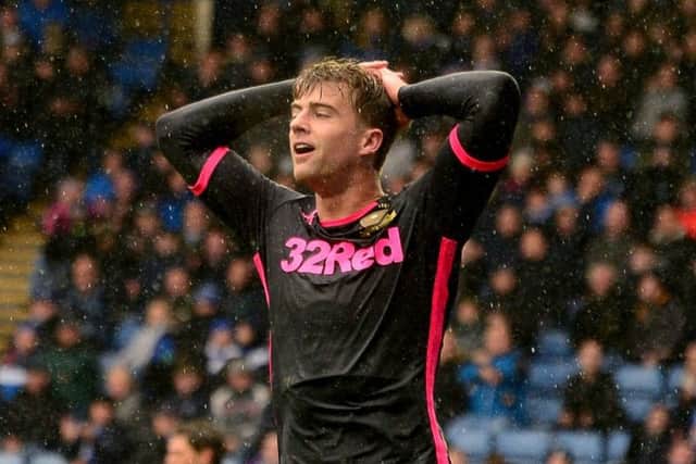 Patrick Bamford, of Leeds United, reacts after failing to score  from a header.