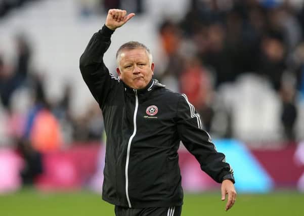 Sheffield United manager Chris Wilder gestures to the away fans after the Premier League match at the London Stadium. Picture: James Wilson/Sportimage