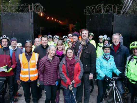 Cyclists and campaigners at a rally calling for the old Queensbury tunnel between Halifax and Bradford to be turned into a cycleway path. Photo: Submitted